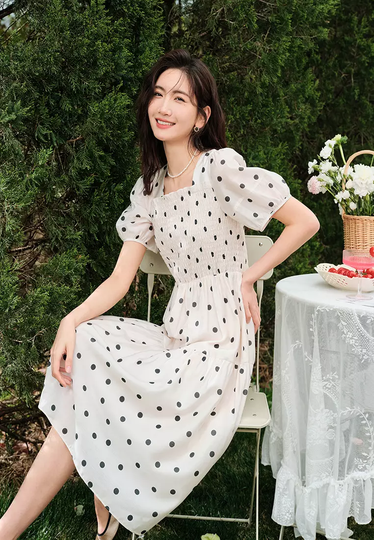 Square Neck Smocked Waist Polka Dot Dress