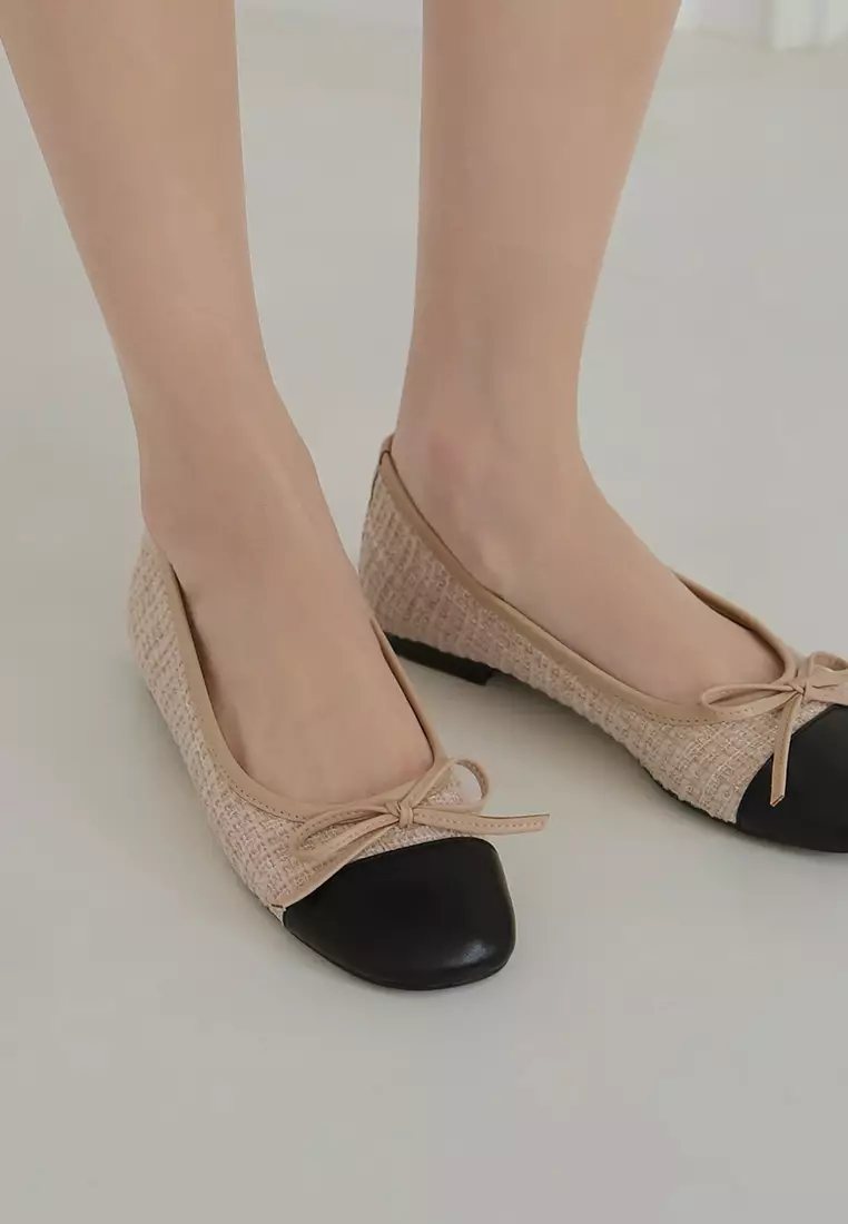 Malette Tweed two tone Ribbon Flats (1cm) - Beige