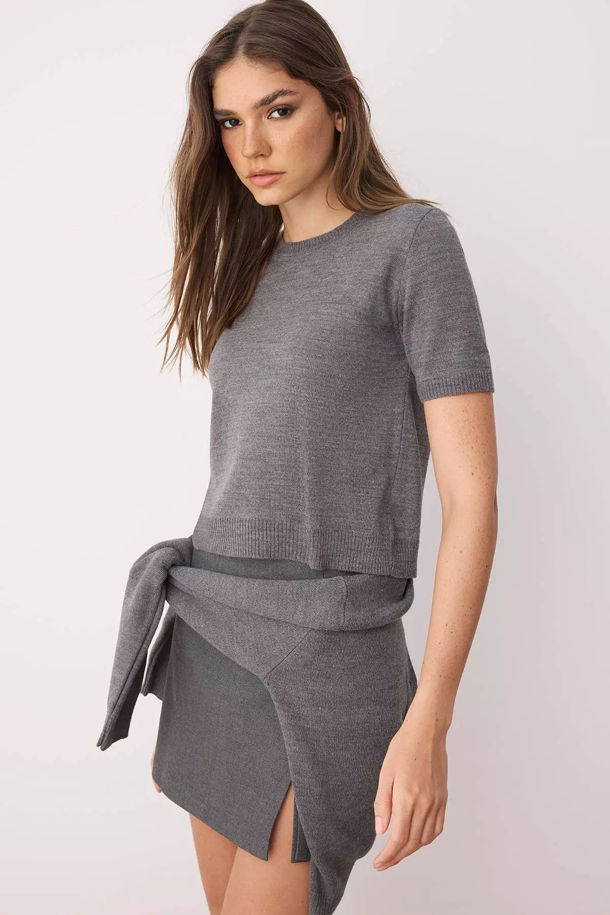 Anthracite Stone Detailed Soft Textured Double Knitwear Cardigan Blouse