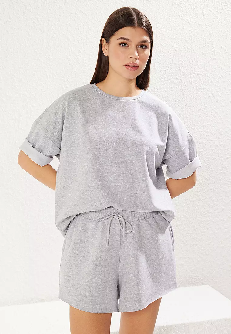 Gray Melange Oversize/Wide Pattern Thin Flexible Shorts T-Shirt Knitted Top Bottom Set