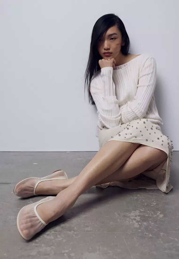 Leather-Trimmed Mesh Ballet Flats