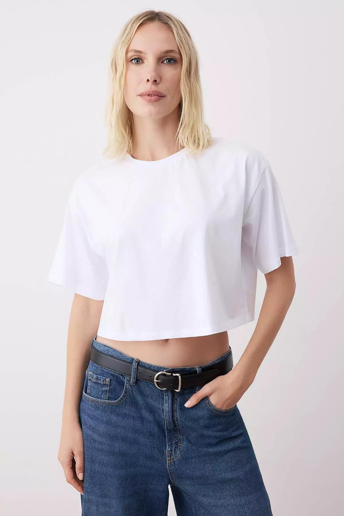White-White 2-Pack 100% Cotton Relax/Comfortable Cut Crop Knit T-Shirt
