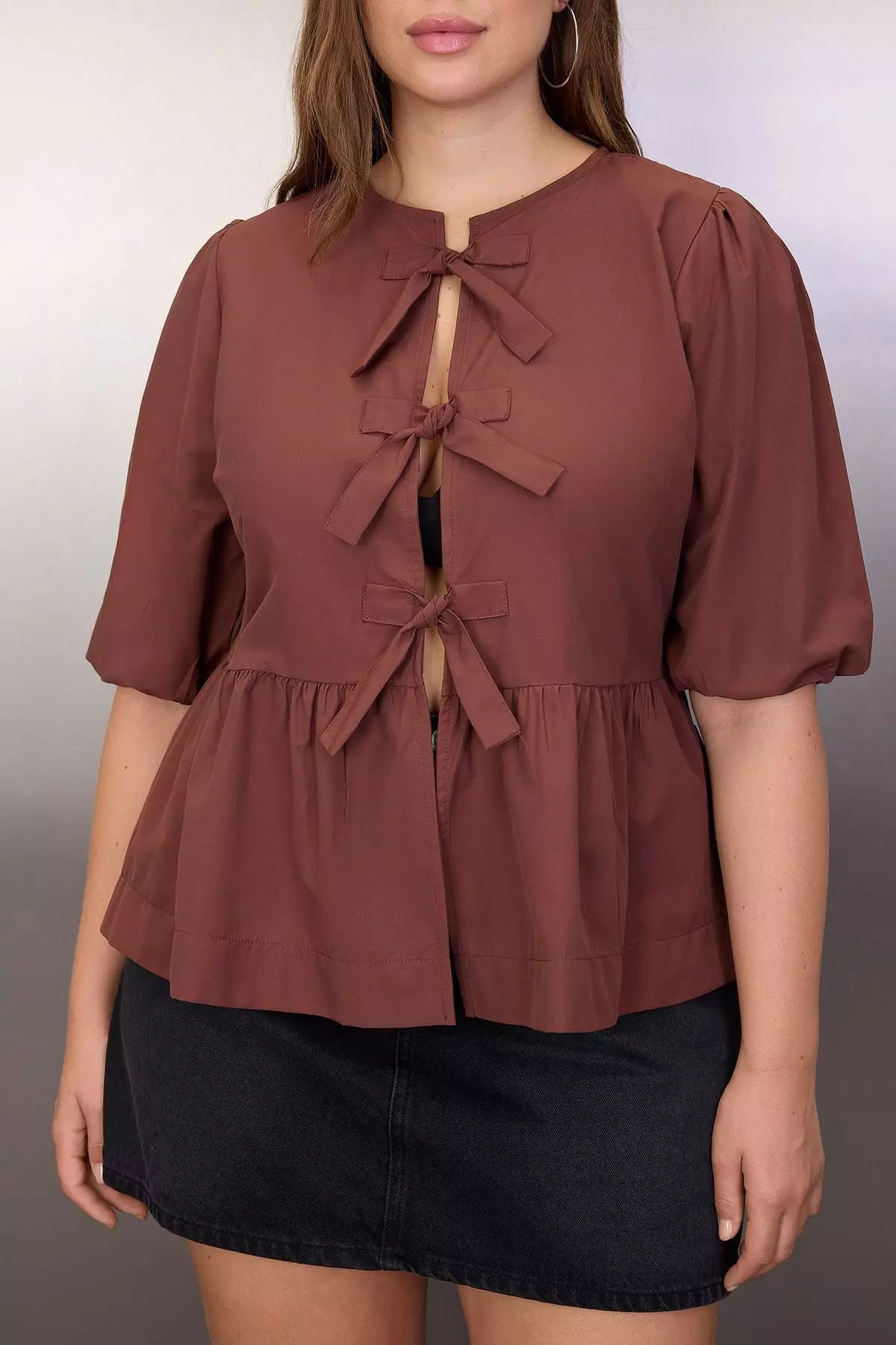 Brown Bow Woven Plus Size Blouse