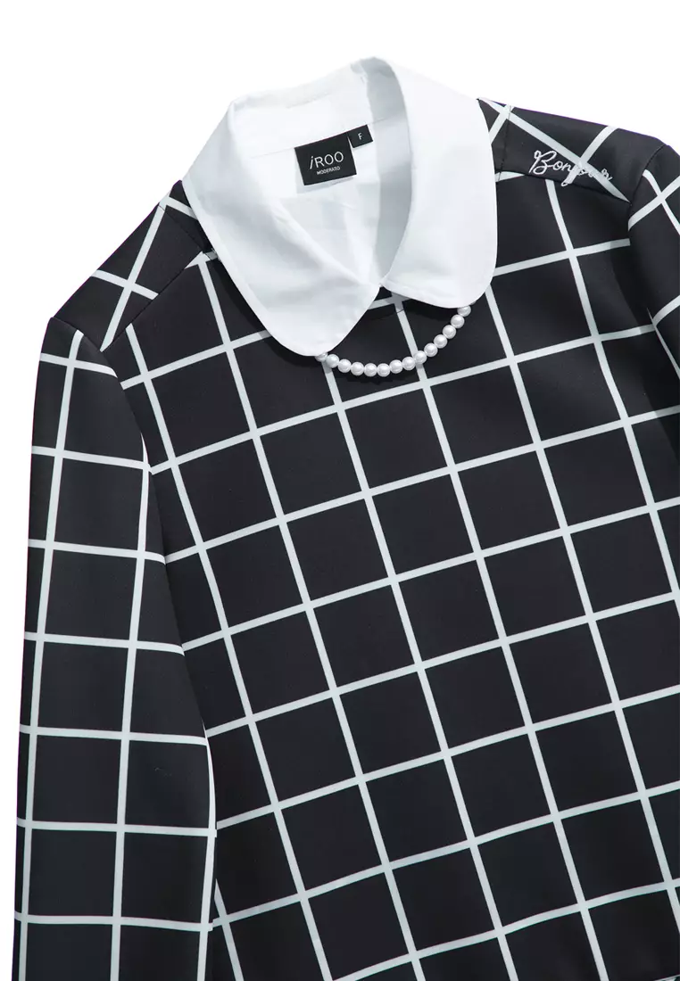 Long Sleeve Checkered Top With Detachable Collar