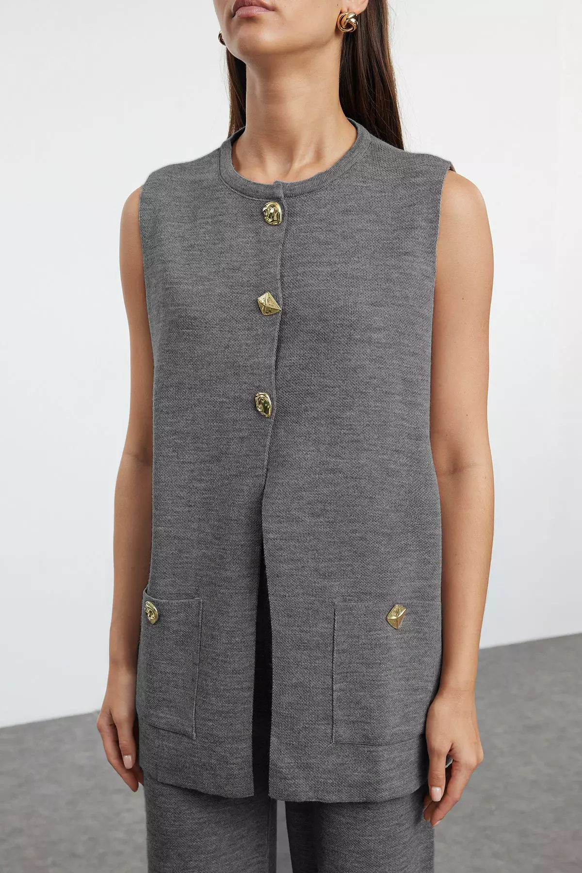 Anthracite Wide Fit Button Detailed Vest Pants Knitwear Top And Bottom Set