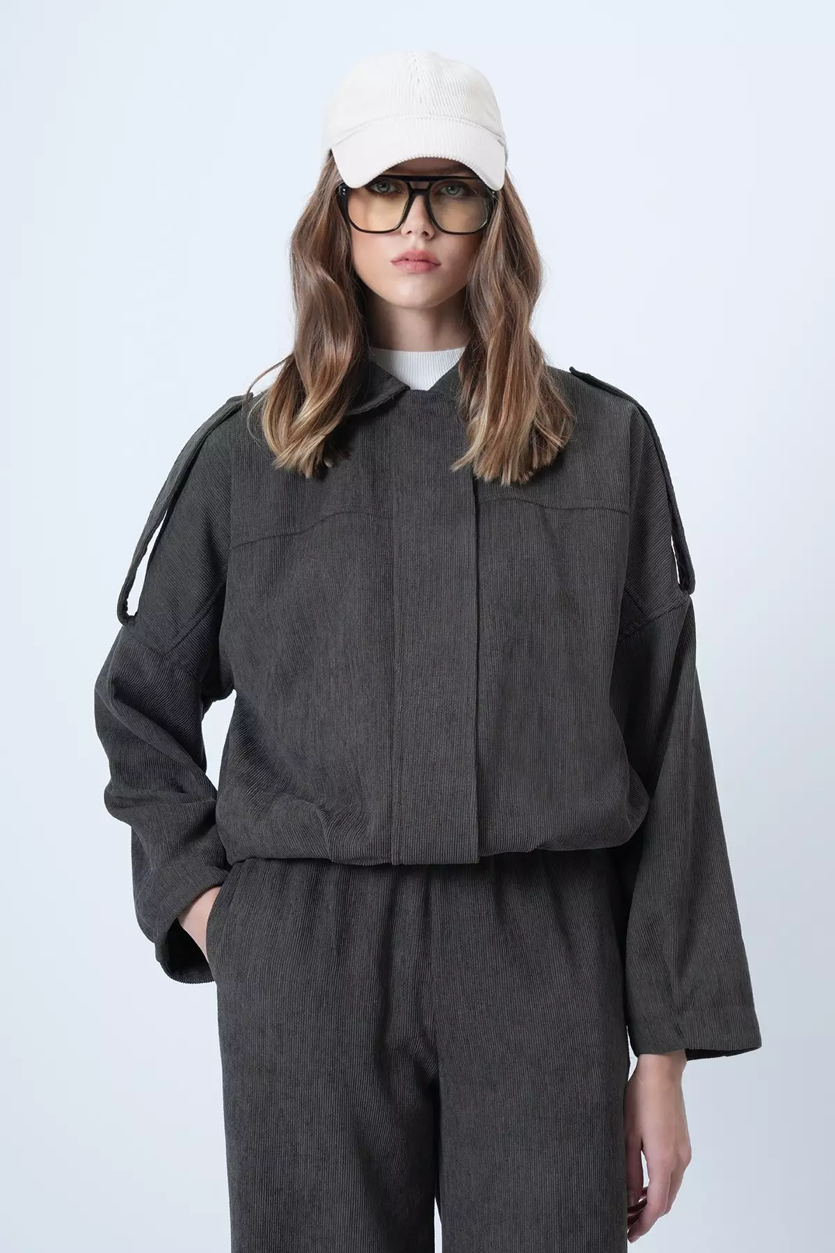 Khaki Shoulder Epaulettes Lined Velvet Bomber Jacket Alc-X14617