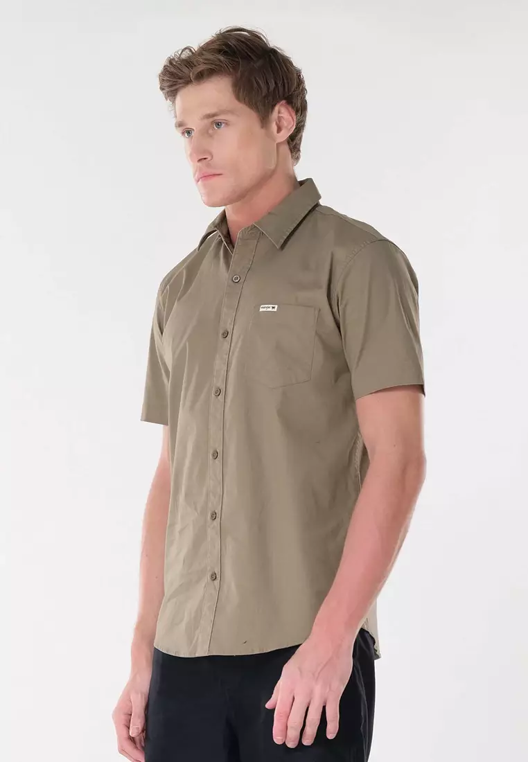 Button Down Short Sleeve Polo for Men in Fatigue Color