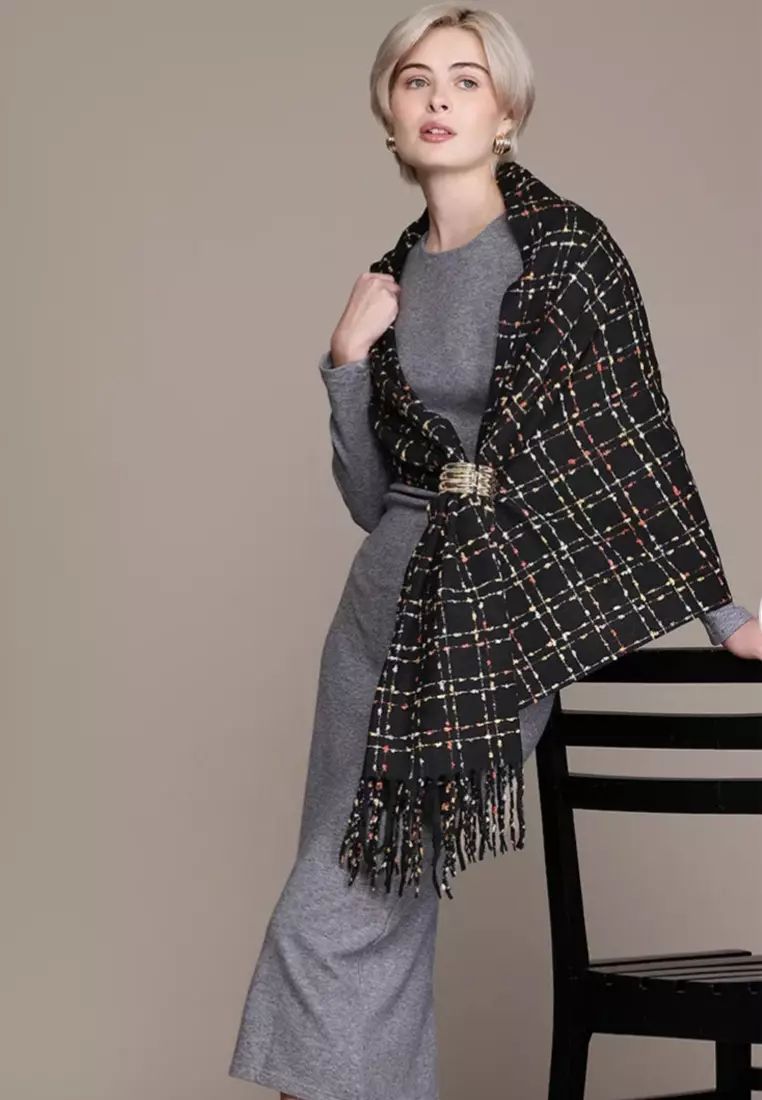 Aksesoris Wanita Threadwork Loom Cashmere Pashmina Syal Wanita Black