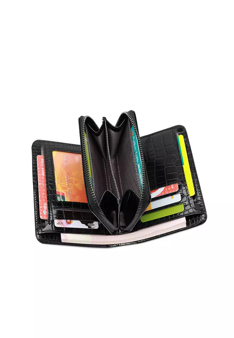 Women's Croc Wallet with Coin Compartment (短錢包) - 黑色