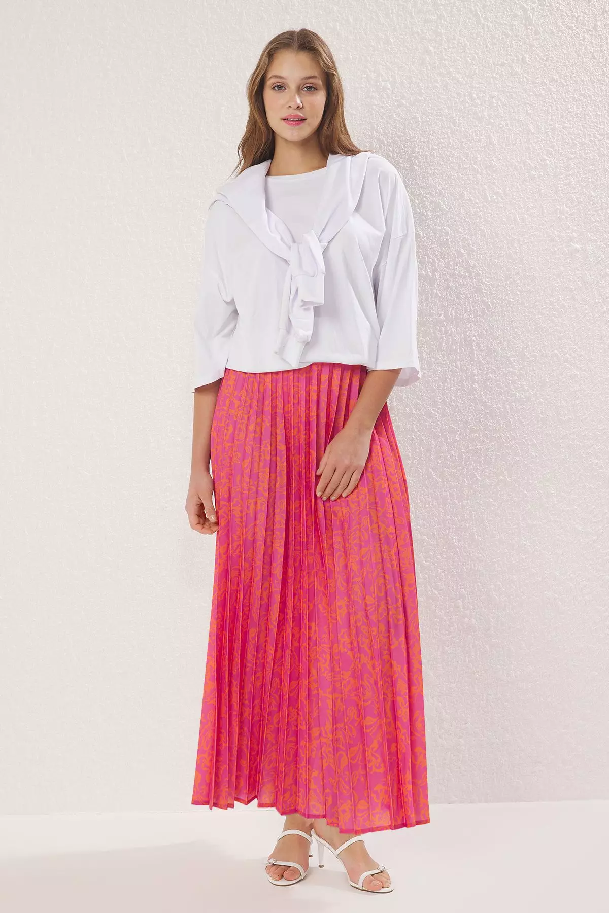 Pink Floral Pattern Pleated Waist Elastic Woven Skirt TCTSS23EE00018