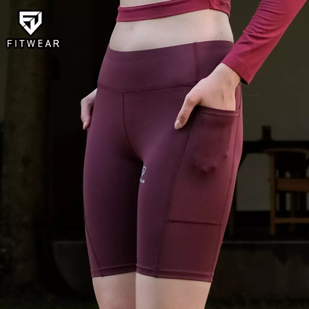 Fitwear - Celana / Legging Pendek Olahraga Wanita KARINA BASIC POCKET MEDIUM WAIST - BURGUNDY