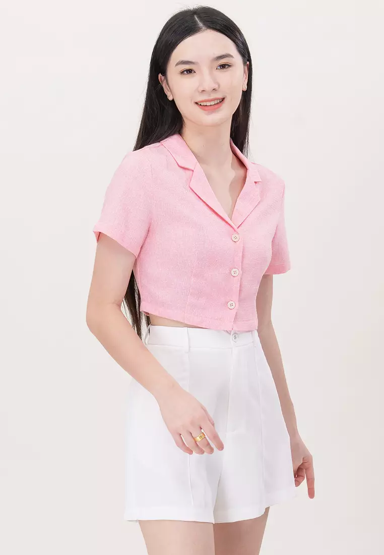 Buy Plain B. Plain B. Short Sleeve Waffle Crop Top Shirt Button Pink ...