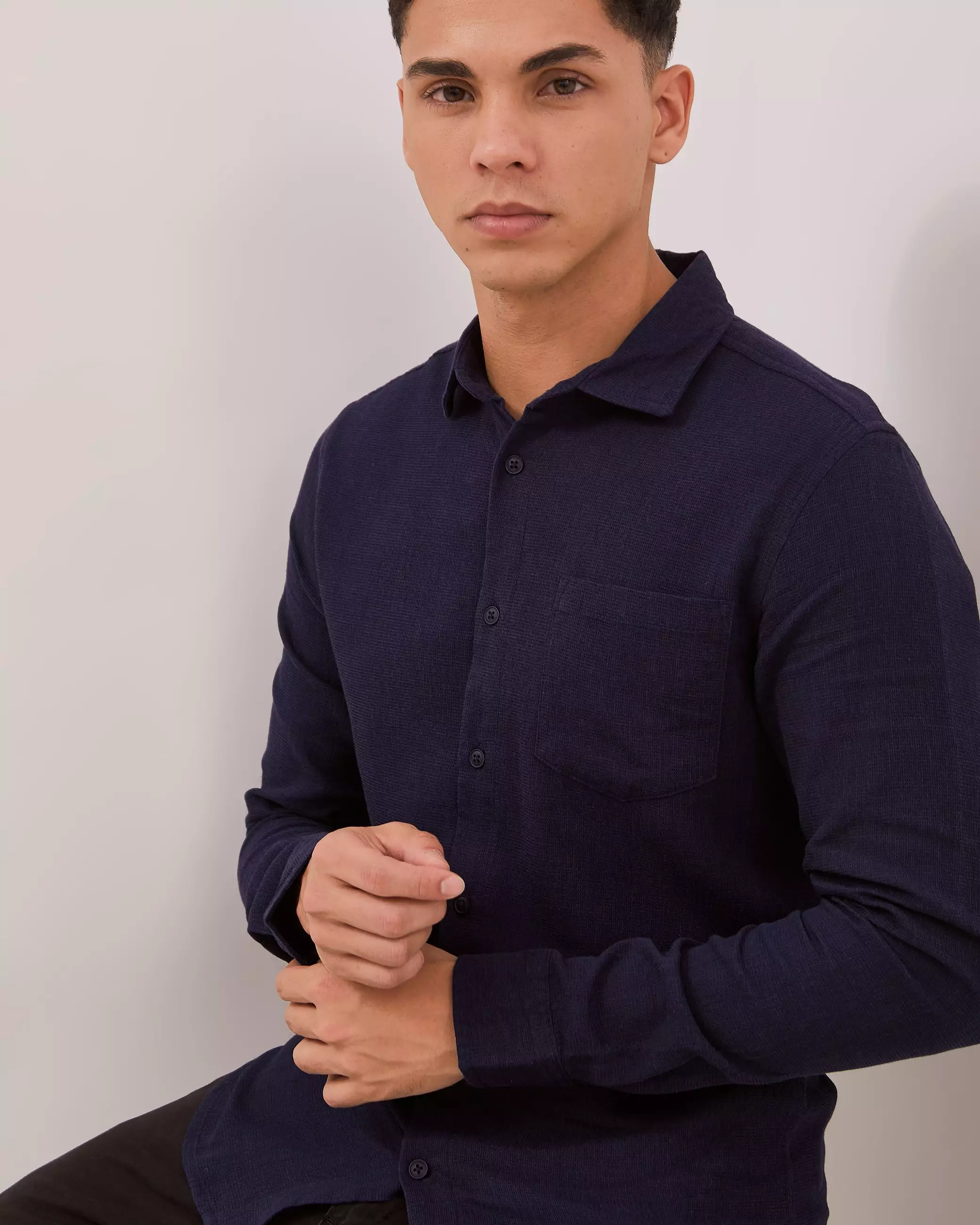 AMK Kemeja Polos Pria Lengan Panjang SHS Tyler Ls Navy Blue