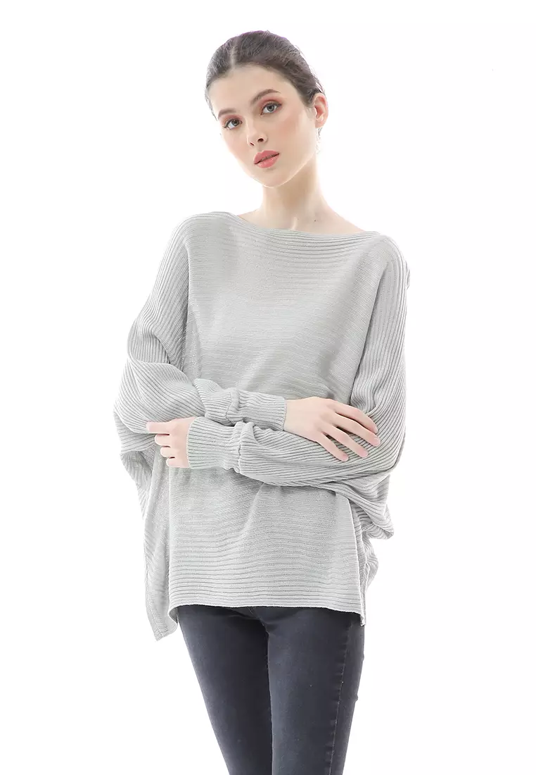 Eveline Sweater Rajut Batwing Atasan Wanita Motif Polos High Quality - Abu Muda