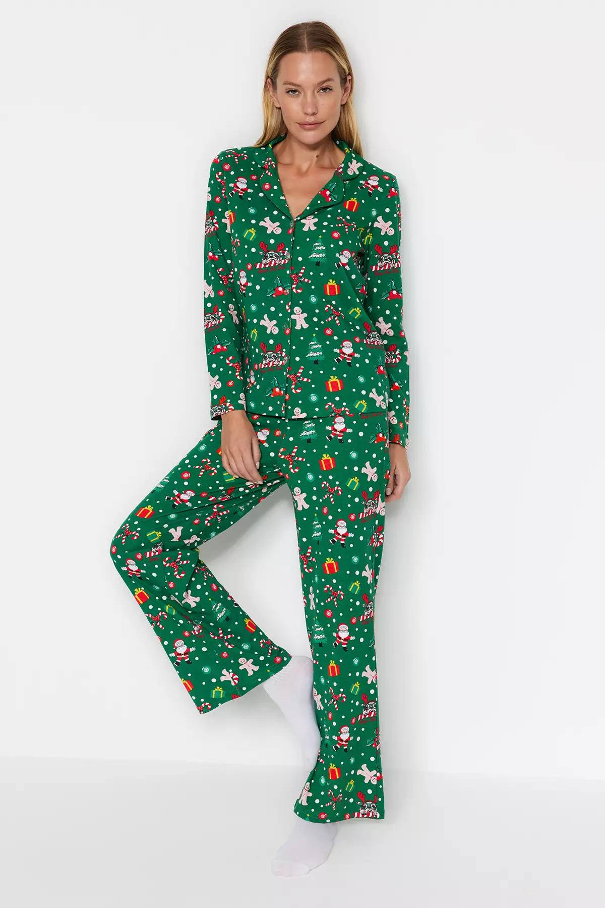 Green 100% Cotton Christmas Themed Knitted Pajama Set