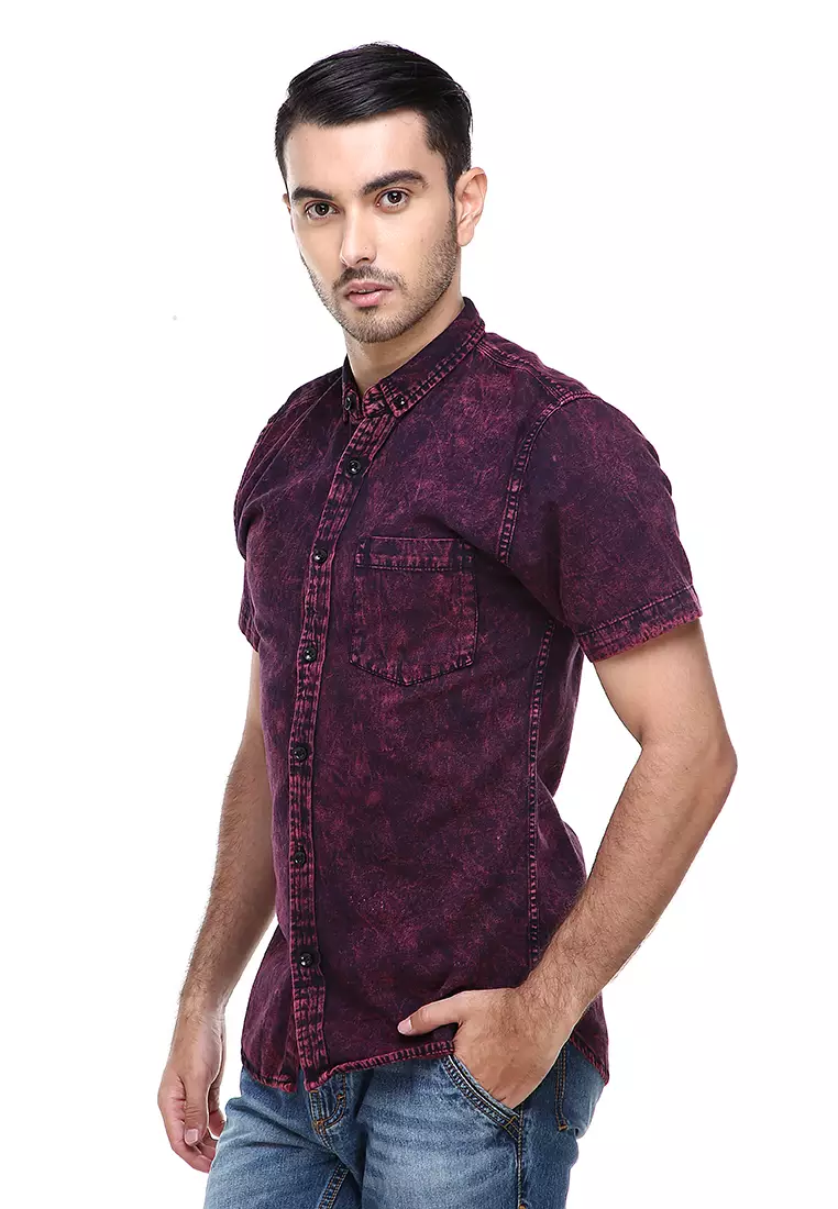 Dwan Shirts Kemeja Jeans Sandwash Kasual Model Slim Fit Material Denim ORIGINAL - Maroon