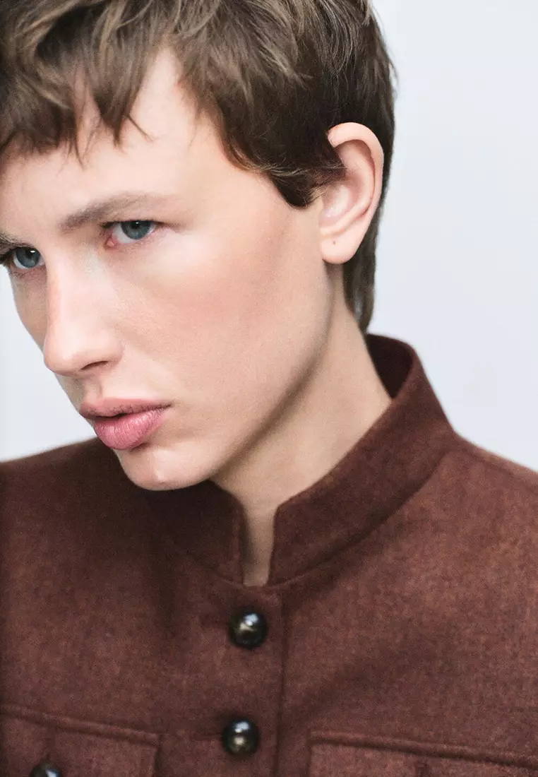 Wool Jacket with Band Collar and Pockets