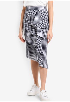 TOPSHOP  Gingham Ruffle Midi Skirt