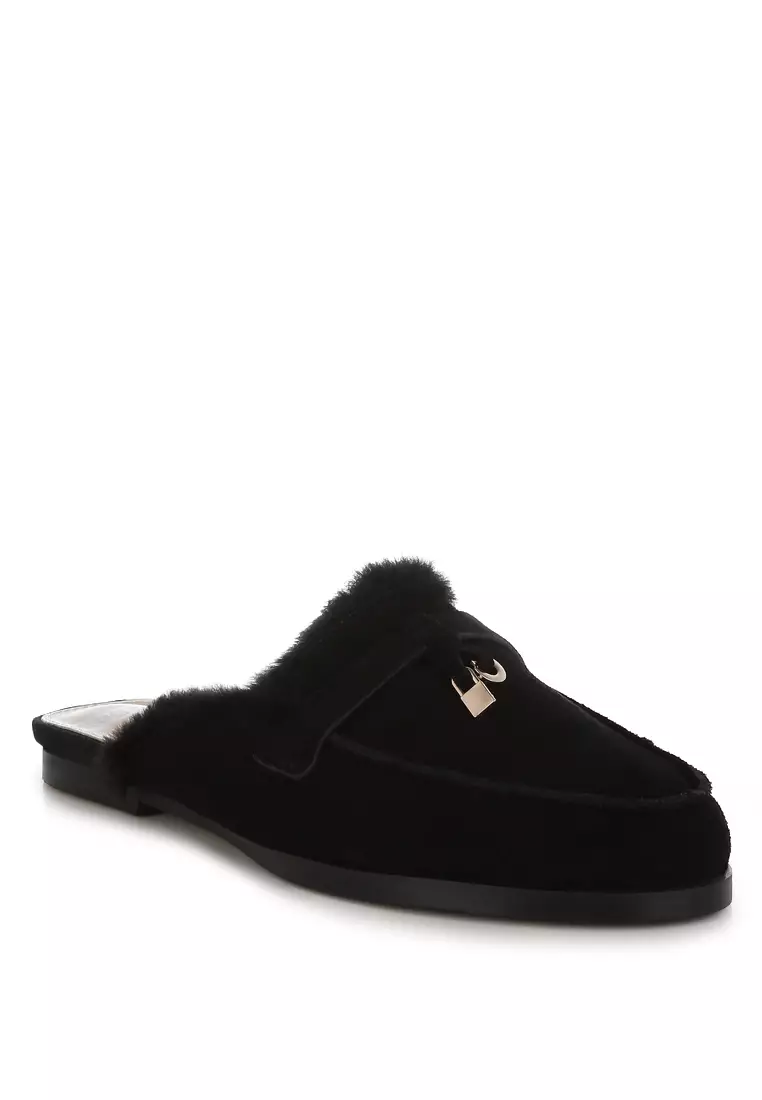 Suede & Faux Fur Slip-On Mules in Black