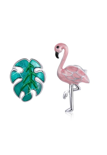 925 Signature silver 925 SIGNATURE Solid 925 Sterling Silver Asymmetrical Pink Flamingo and Monstera Leaf Earrings E4F22AC83820C1GS_1