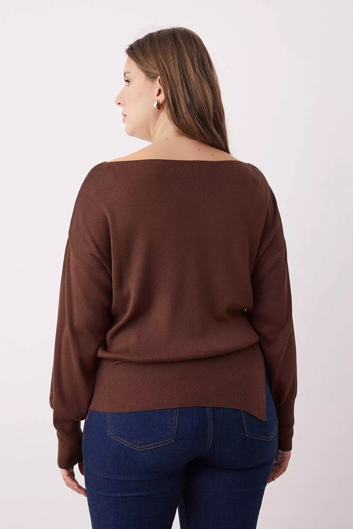 Brown Mercerized Look Boat Neck Slit Detailed Knitwear Sweater