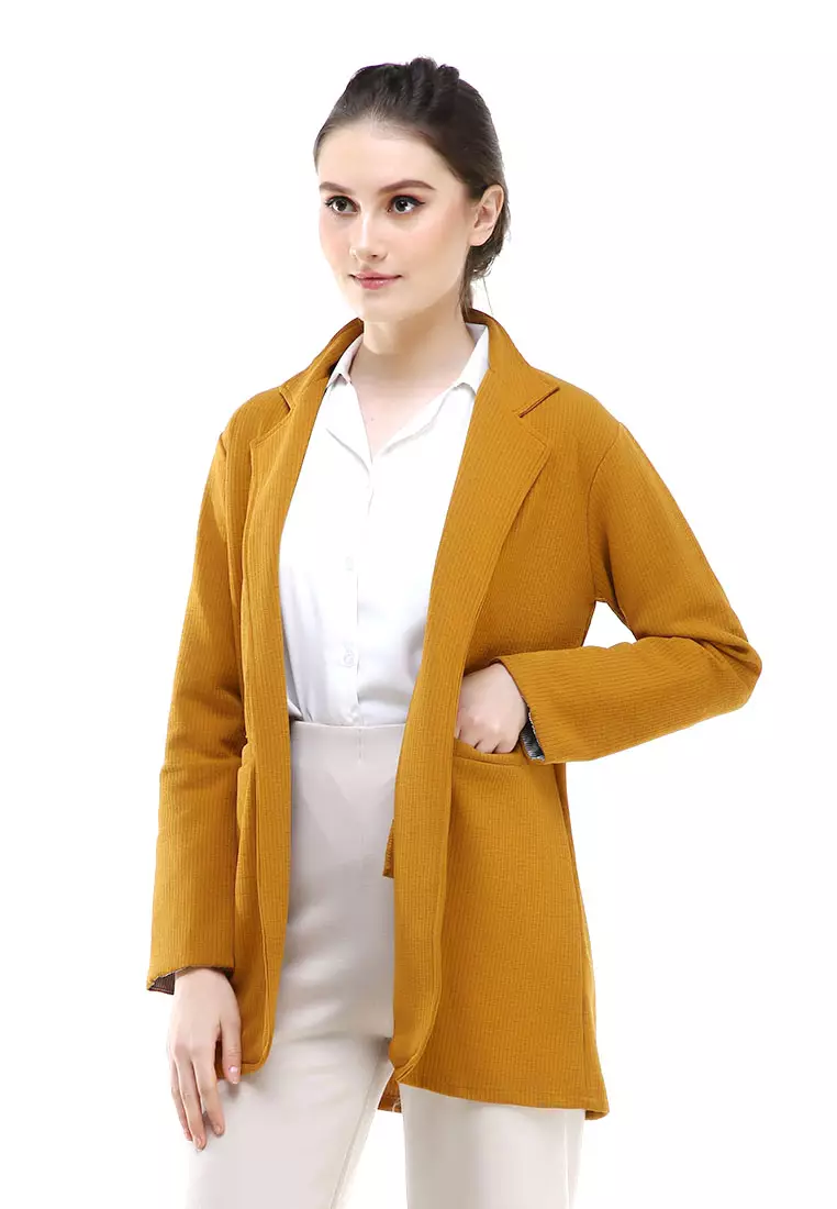 Qemsya Blazer Wanita Two Pockets Two Tone Casual Longsleeve Outer Material Bubbly Strecth ORIGINAL - Mustard