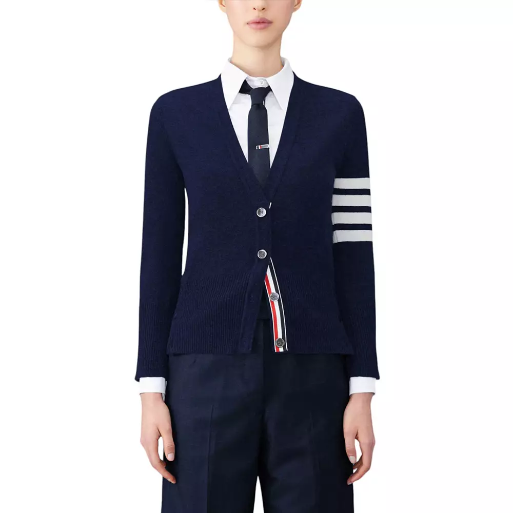 4-Bar Cashmere Classic V-Neck Cardigan Navy