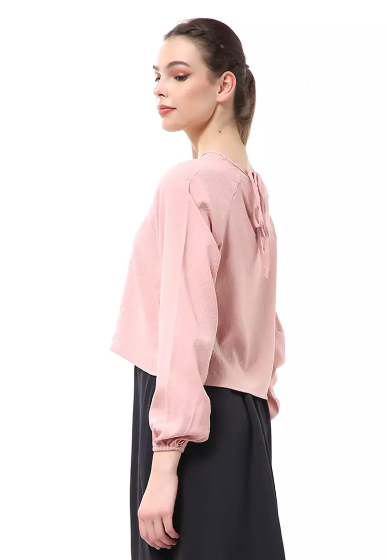 Albertine Blouse Atasan Wanita Lengan Panjang Desain Balon Material Crinkle ORIGINAL - Pink