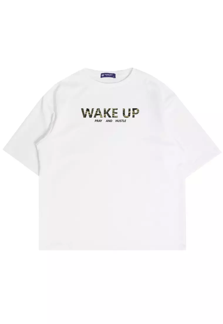 MTW55 Kaos Oversize Aesthetic Bahan Tebal "wake up" putih