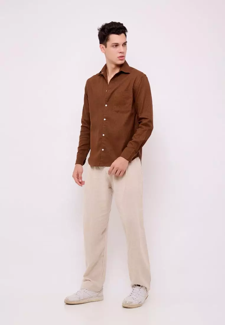 Seseh Kemeja Linen Lengan Panjang Pria Coklat | Linen Long Sleeve Shirt Men Brown