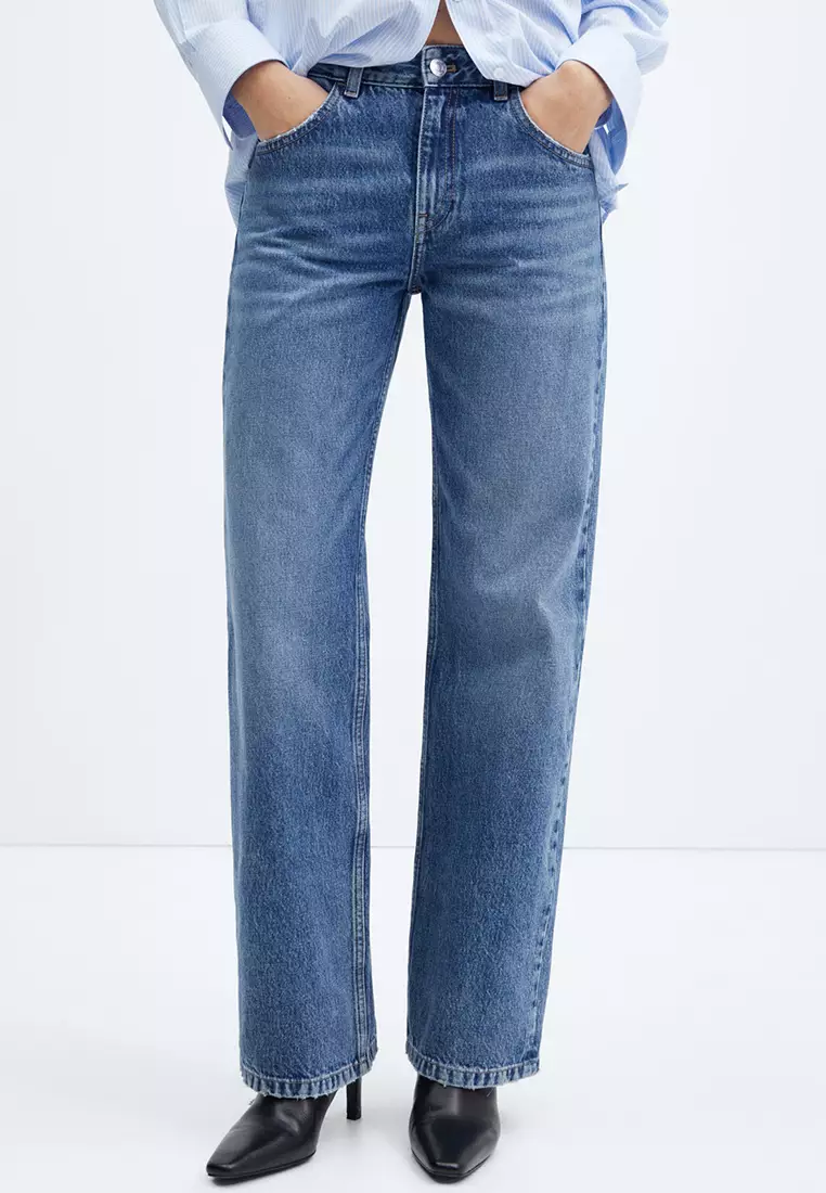 Mango seam detail straight leg jeans in mid blue