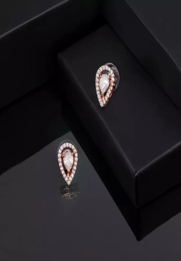 Estele Rose Gold Plated CZ Drop Shaped Stud Earrings For Women
