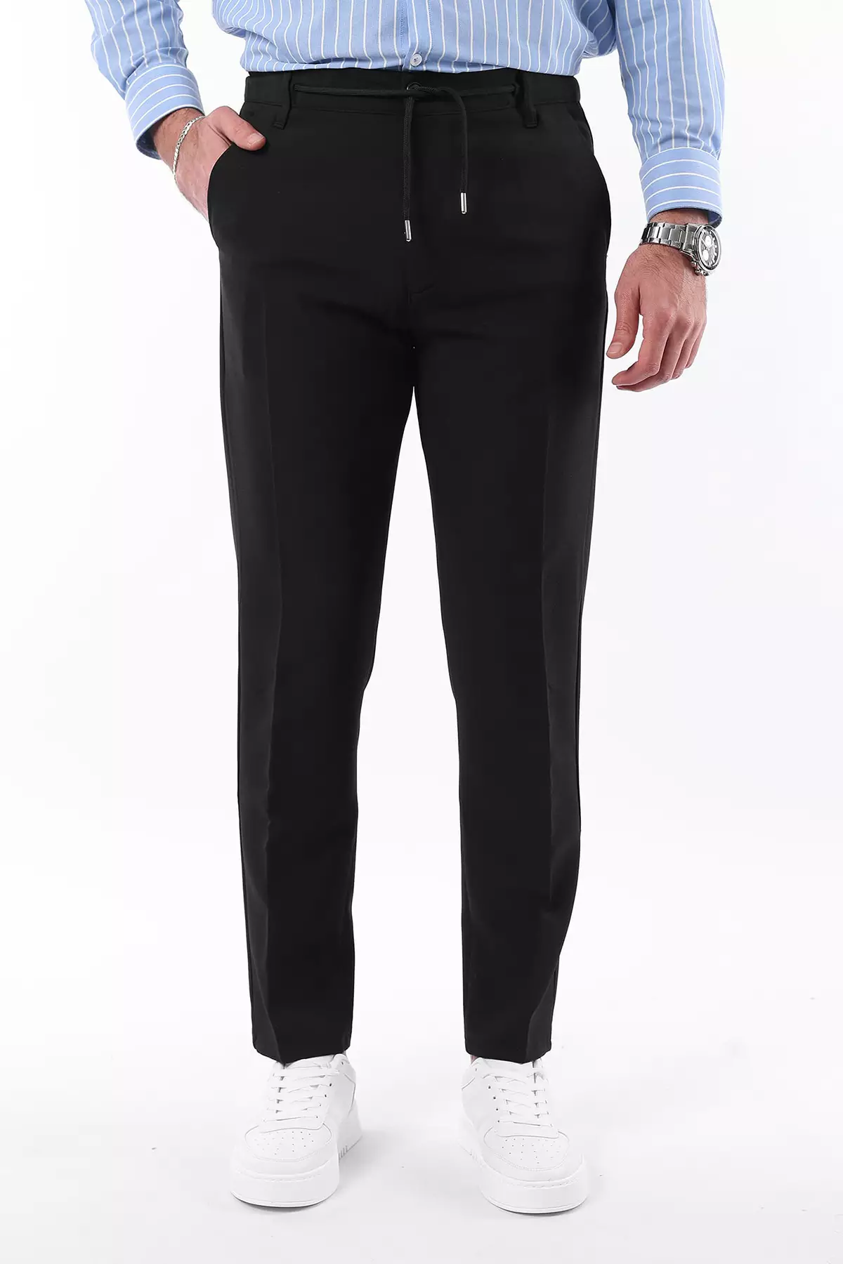 Black Slim Fit Elastic Fabric Woven Trousers With Tie Waist Detail Tmnaw25Pl00027