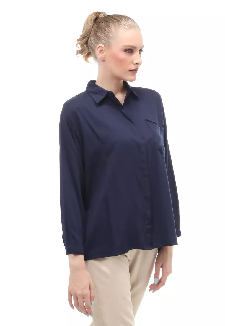 Dean Basic Shirt Lengan Panjang Atasan Wanita Front Button Opening Relaxed Fit - Navy