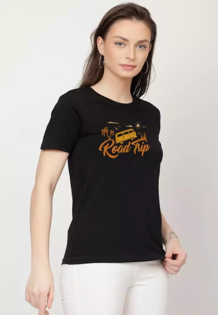 公路旅行休闲短袖时尚黑色棉质休闲图案印花 T 恤/T 恤