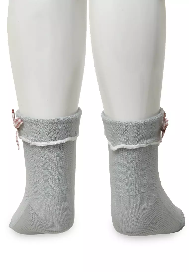 Candie Kaos Kaki Pendek Anak Perempuan Desain Plaid Pita Kids Socks Material Cotton ORIGINAL - Gray