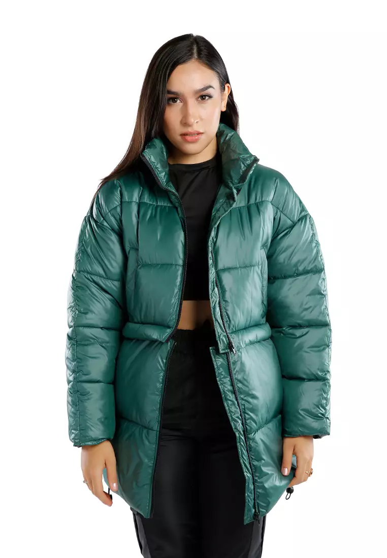 Jaket Puffer Turtleneck Dua Arah Hijau yang Dapat Dilepas