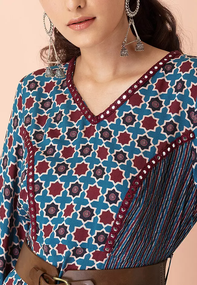 Earthen by Indya:Â Ajrakh Printed Belted A-Line Dress
