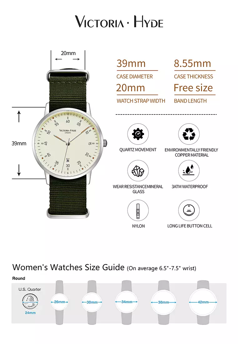 Orton 男士休閑手表 φ39mm圓形表盤 尼龙表帶 包豪斯風格 日曆功能防水表-墨绿色