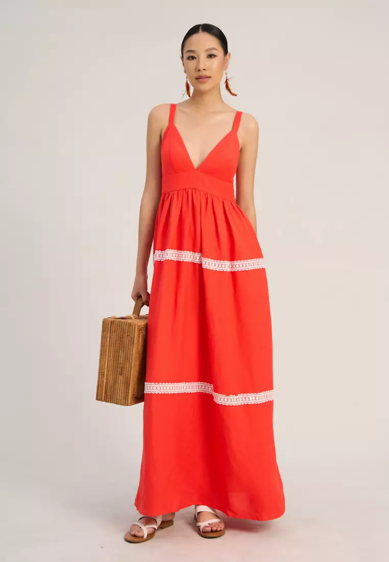 Red linen maxi dress clearance