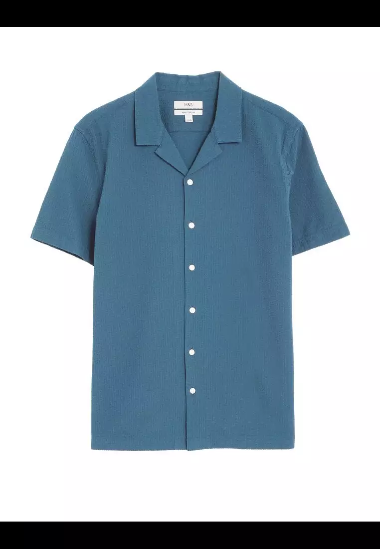 M&S Collection Pure Cotton Seersucker Cuban Collar Shirt