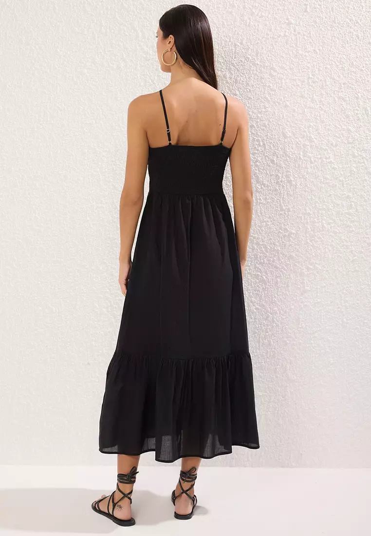 Black Woven 100% Cotton Beach Dress Tbess25El00110