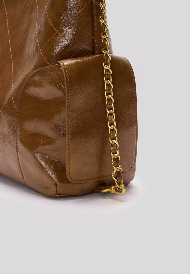 Pale Quilted Hobo Bag With Chain Strap