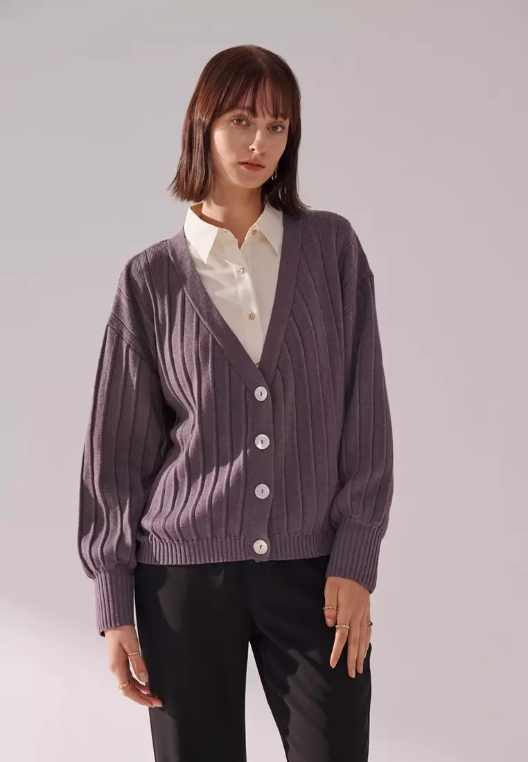 灰紫開襟針織外套