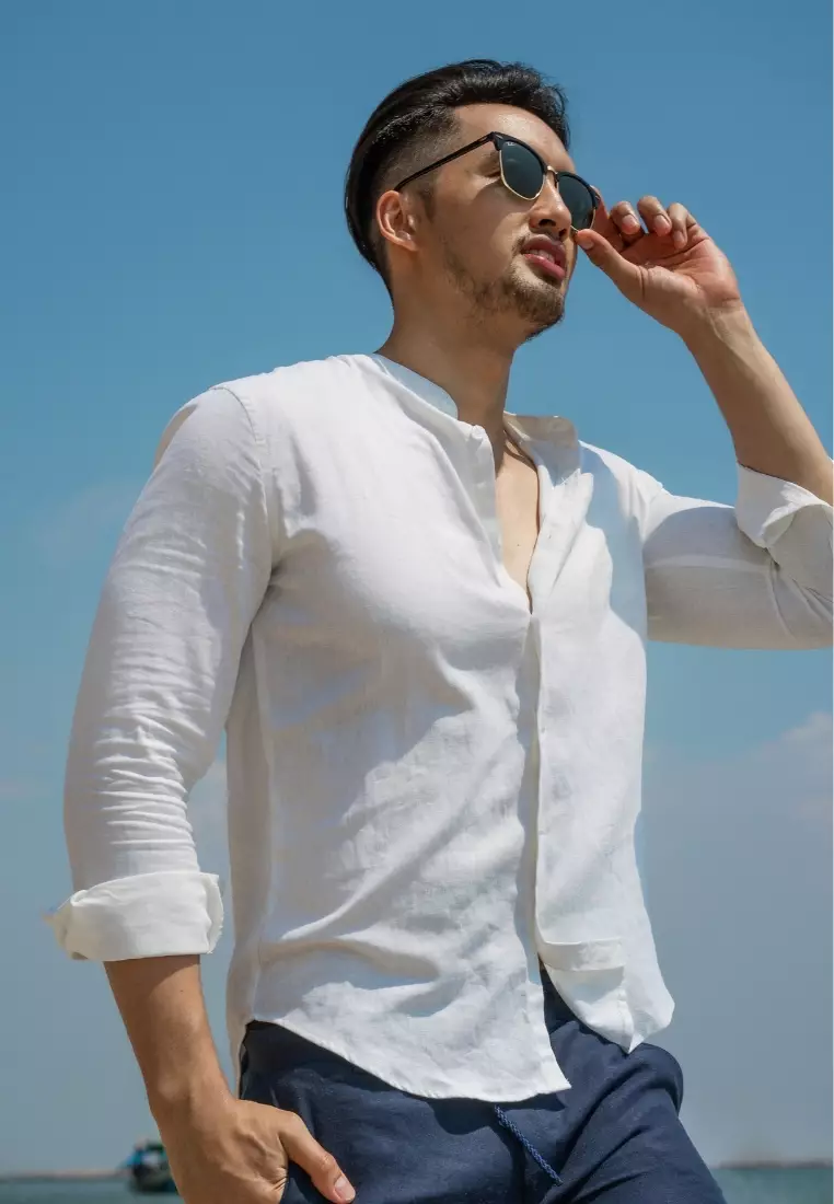 Marakesh Kemeja Linen Pria Lengan Panjang Putih | Long Sleeves Linen Shirt Men White
