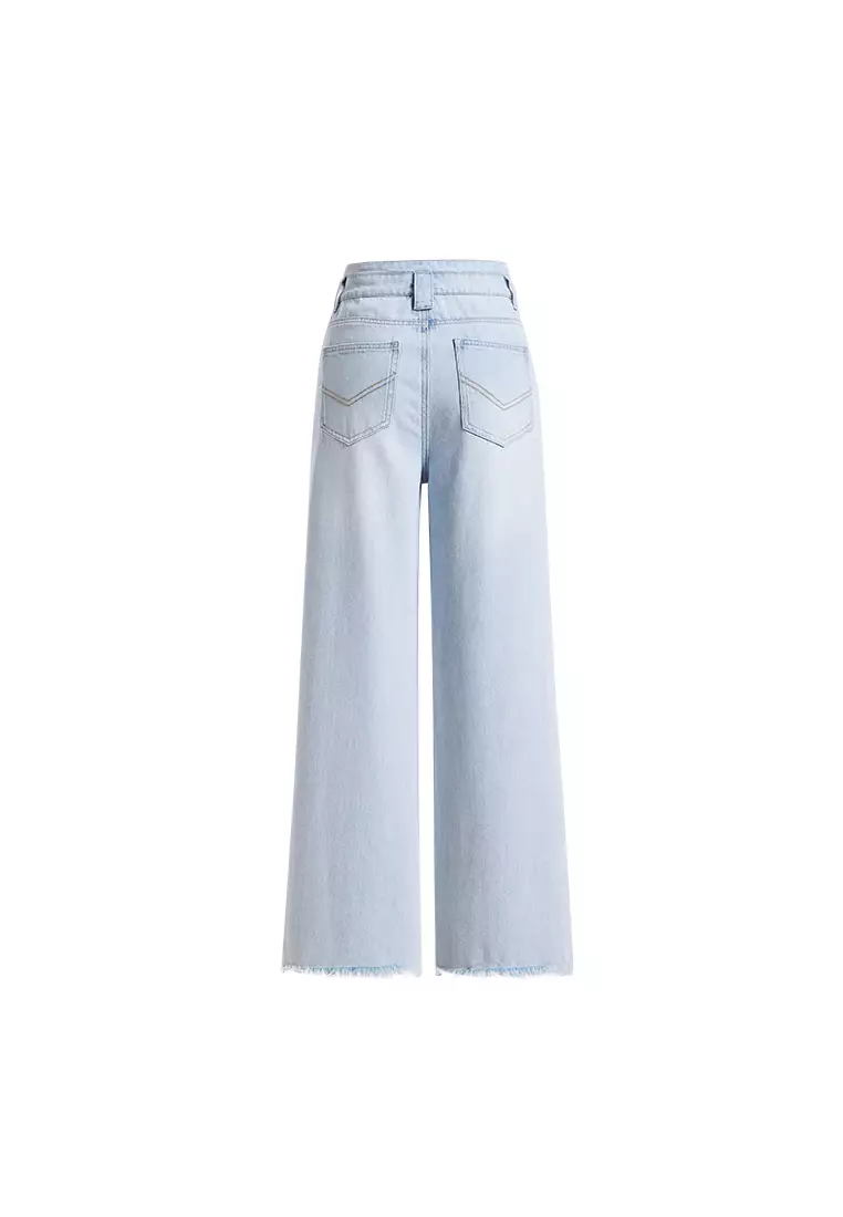 High Waist Wide Leg Denim Jeans with Ripped Hem