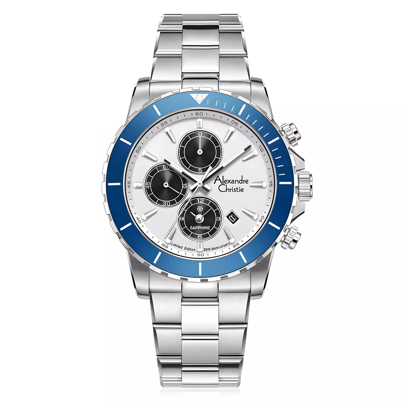 Alexandre Christie 25th ANNIVERSARY Limited Edition - Jam Tangan Chronograph Pria - Two Tone Blue - All Stainless Steel - 6141 XXVMSSSLBU