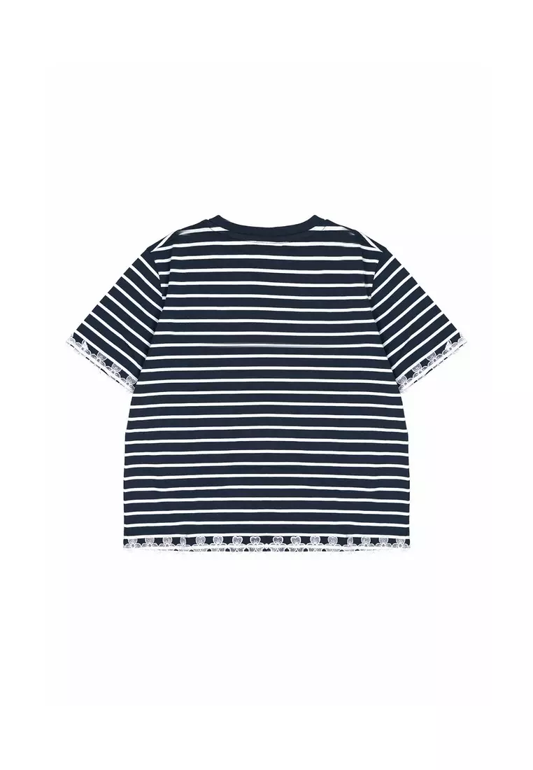 3Second Women's Stripe T-Shirt Short Sleeve Boxy Fit Lace Charlotte HP-C090126