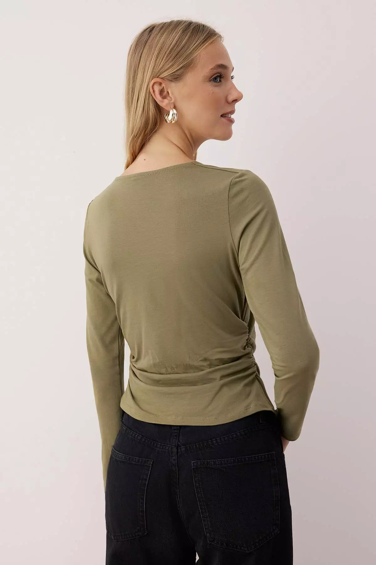 Khaki Square Neck Gathered/Drape Detailed Slim/Fits-A-Body Knitted Blouse