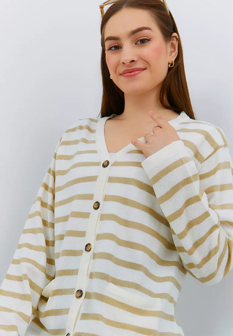 [NEW] Osella Stripe Knit Cardigan In Beige And White 2161400191 | Kardigan Wanita Lengan Panjang